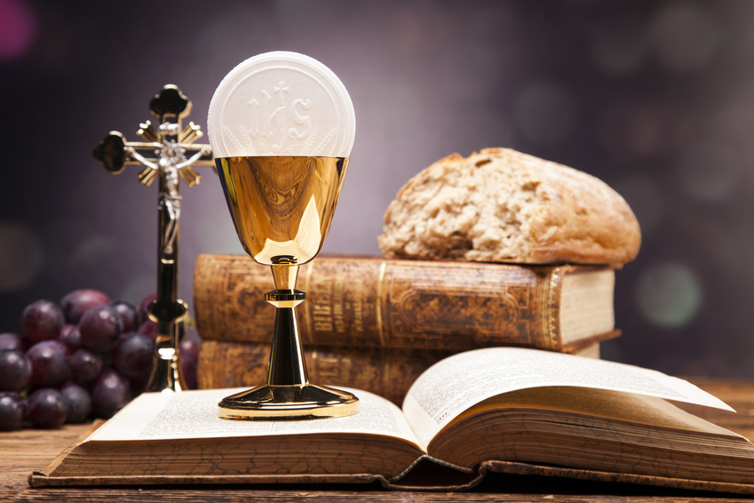 Sacred objects, bible, bread and wine. Studio shots